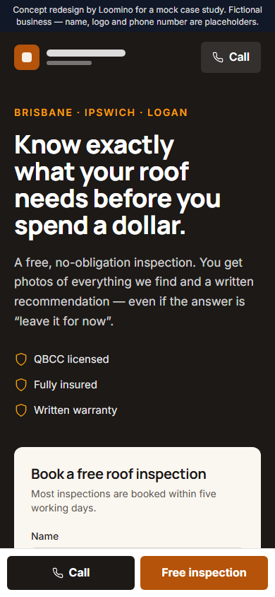 Mobile hero of the roofing concept redesign